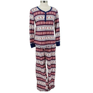 Lanz Pajama Set Holiday Christmas Reindeer Fair Isle Long Sleeve Sleep Pants